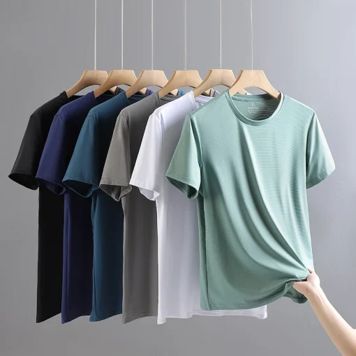 Camiseta Elástica Alta de Seda Helada de Verano para Hombres, Deportiva e Informal, Cómoda, Transpirable, Absorbe Sudor y Secado Rápido