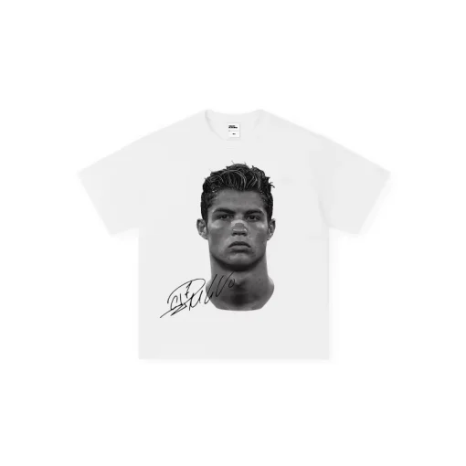 Camiseta estampada de algodão americano com mangas curtas Cristiano Ronaldo astro do futebol super fashion desgastada