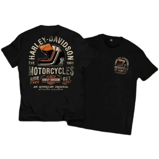 Camiseta solta de algodão puro com estampa de motocicleta Harley, American Retro