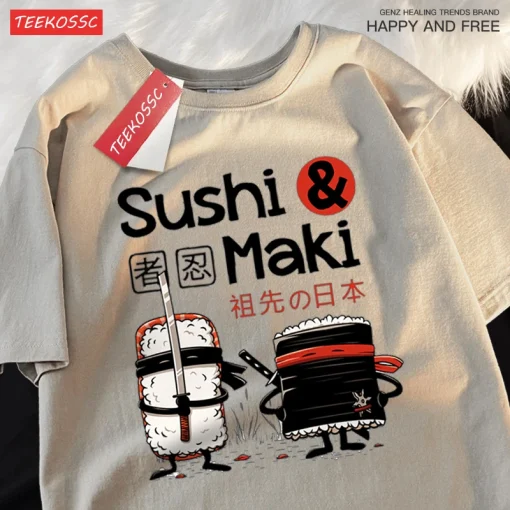 Camiseta solta unisex de algodão com estampa de sushi para homens e mulheres