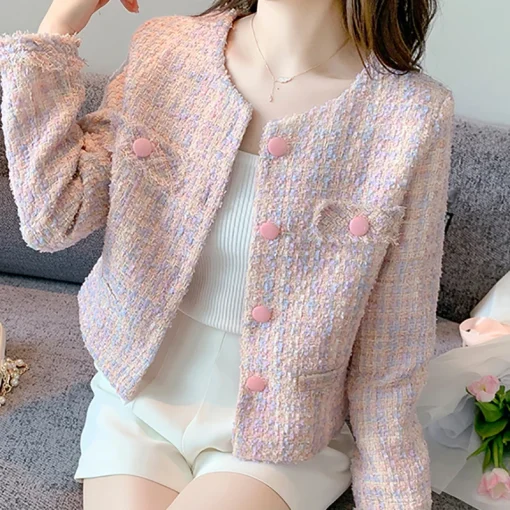 Casaco feminino HELIAR elegante rosa tweed botões casaco de sobretudo cardigã feminino manga longa borlas escritório agasalho outono inverno