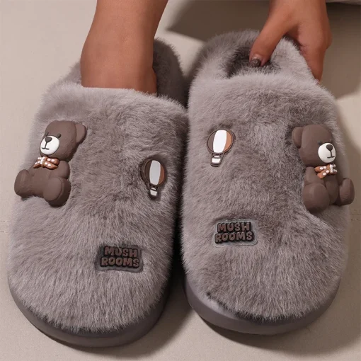 Chinelo de algodão outono inverno feminino fofo urso desenho animado interior casa casual pelúcia antiderrapante unisex chinelo aquecido moda