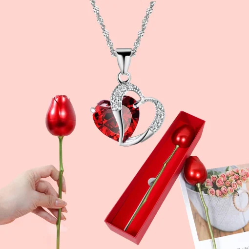 Colar pingente de zircônio vermelho heart com estojo presente de rosas para o Dia das Mães 2024