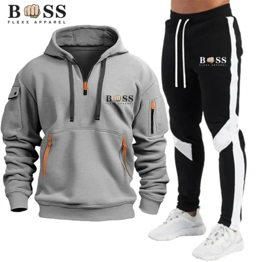 Conjunto 2 Peças Masculino Moletom com Capuz e Ziper e Calça Esportiva Casual