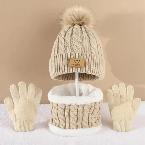 Conjunto Inverno Quente Crianças Gorro e Luvas com Pom Pom