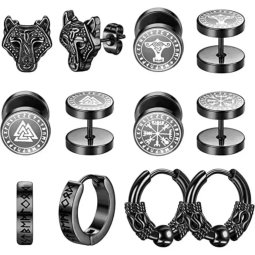 Conjunto de 6 brincos com runas vikings redondas 18G