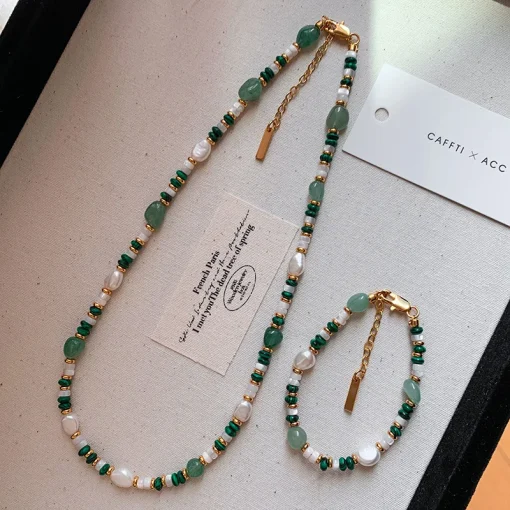 Conjunto de Joias Feminino Chegada de Novos Tendência Natural Pérola de Água Doce e Pedra Jade 14K Ouro para Mulheres Colar Pulseira Presente