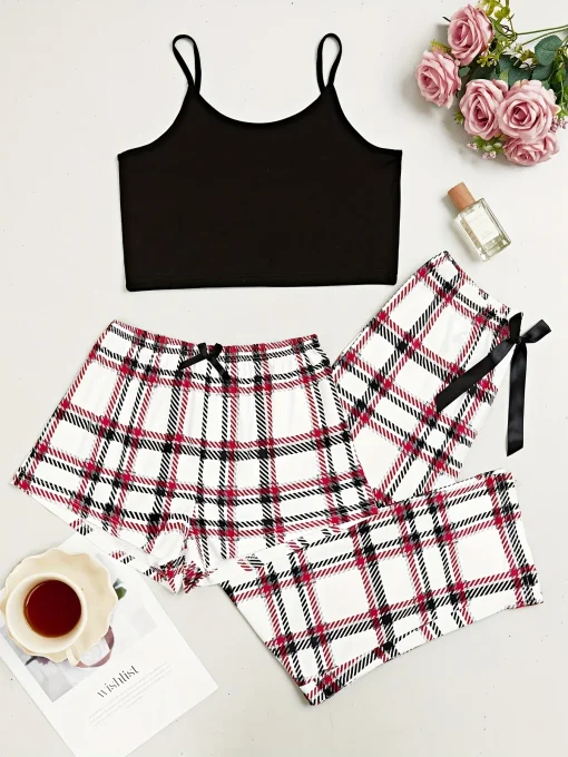 Conjunto de Pijama Casual Feminino Xadrez Com Tiara