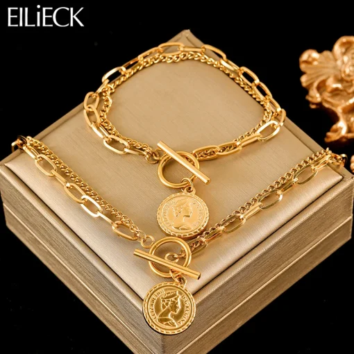 Conjunto de colar e pulseira de moeda de retrato dourado em aço inoxidável EILIECK 316L