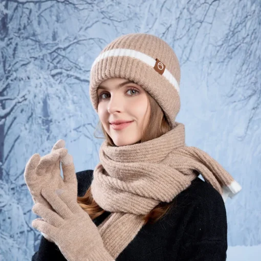 Conjunto de gorro quente, cachecol e luvas feminino