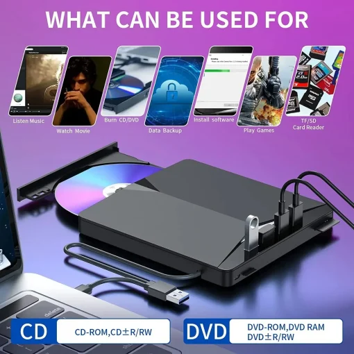 Drive Externo de DVD RW Leitor Gravador 7 em 1 USB 3.0 CD Type-C