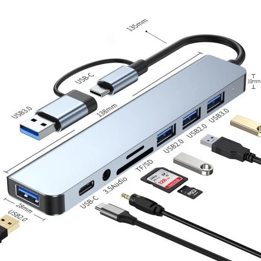 Estação de acoplamento HUB USB 8 em 2 com leitor de cartão SD Micro, adaptador de áudio de 3,5 mm e conversor de disco para tablet, laptop e telefone