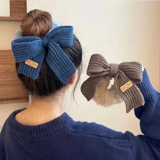 Faixa de cabelo feminina doce e versátil, com laço de lã trançado e suave outono-inverno