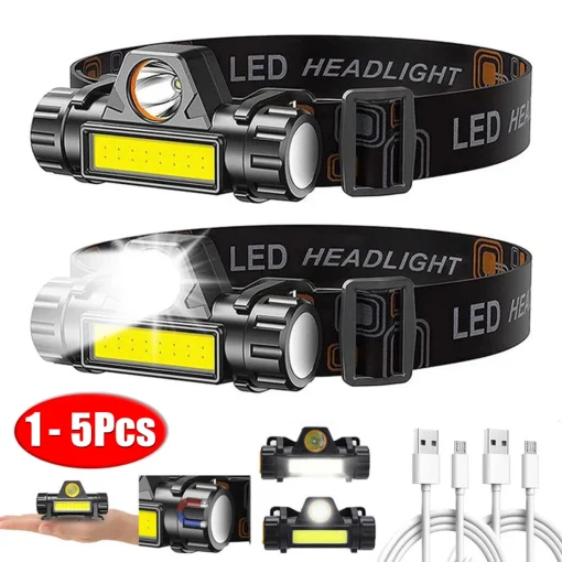 Farol de cabeça LED COB recarregável 1-5 PC