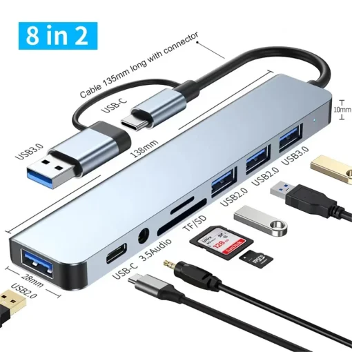 HUB USB 8 em 2 com leitor de cartão divisor