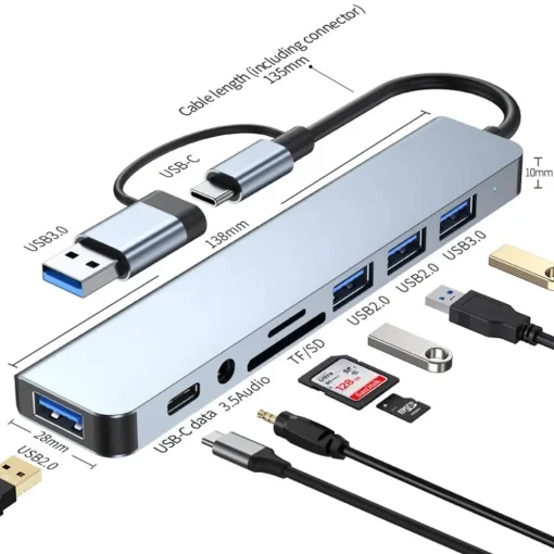 Hub USB-C com 8 entradas para 2 USB Extensor