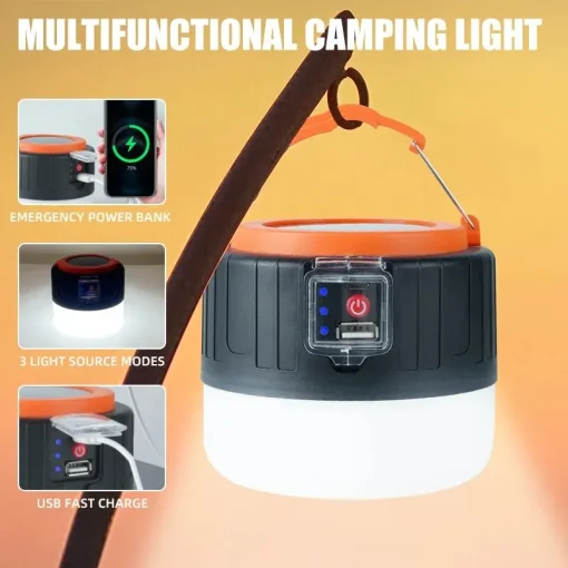 Lâmpada de acampamento LED solar externa com USB