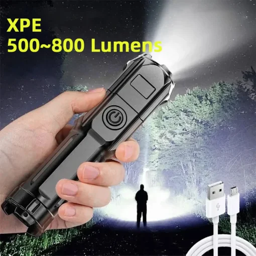 Lanterna LED telescópica com zoom, luz intensa, recarregável por USB, compacta, portátil, focada, de longo alcance, portátil, doméstica