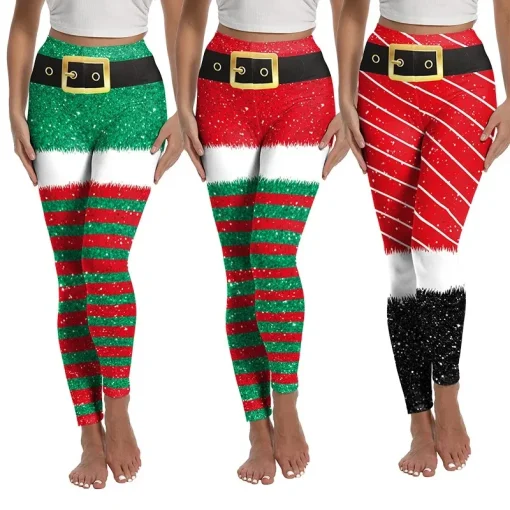 Legging feminino de Natal, elfo, cintura alta, 3D