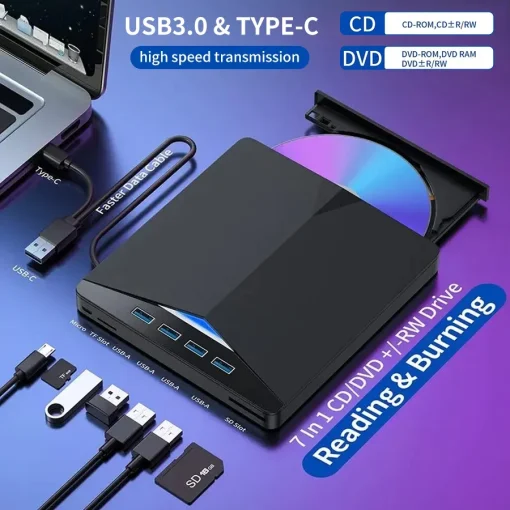 LeitorGravador de DVD Externo 7-em-1 USB 3.0 Tipo C