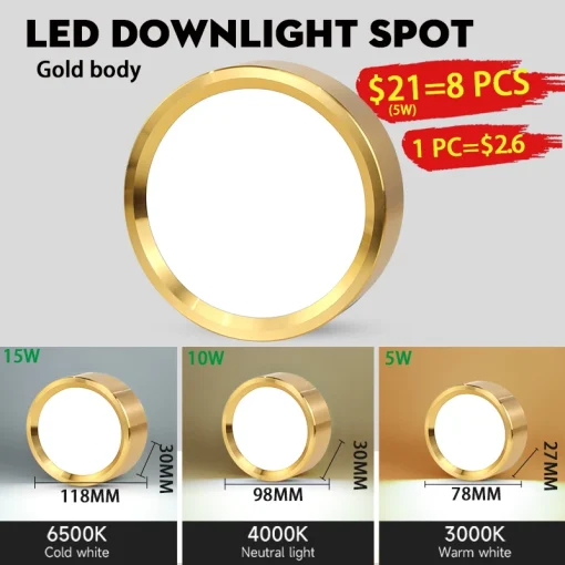 Luminária de Teto Dourada com LED e Foco Embutido de 10W 15W 25W