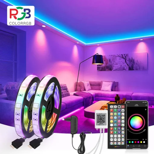 Luz de Fita LED RGB (Plugue UE) com Microfone Embutido Sensível à Mudança de Cor Sincronizada com Música 5050, Aplicativo de Luzes LED DC12V Flexível