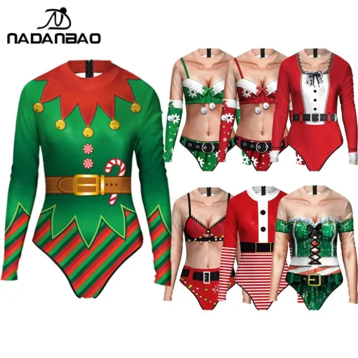 Maiô Esportivo Monokini de Manga Longa Estampado de Natal para Mulheres NADANBAO