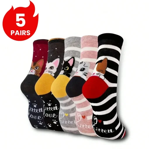 Meias femininas com estampas de gato (5 pares)