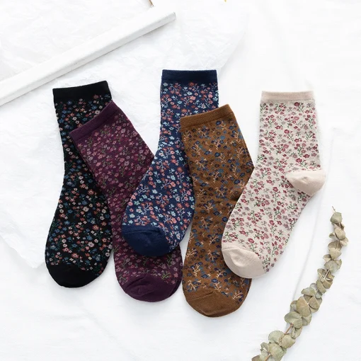 Meias femininas estampadas com flores (5 pares)