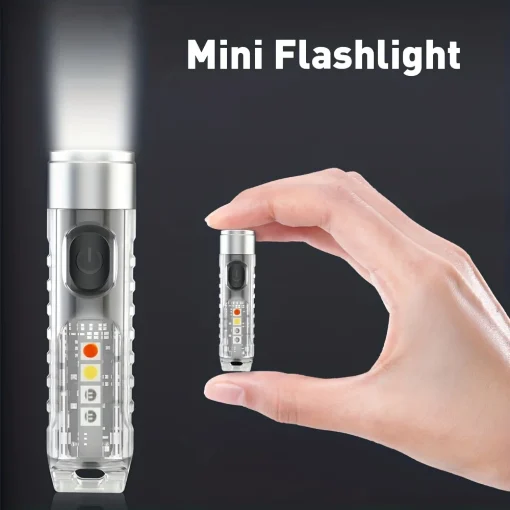 Mini chaveiro lanterna, lanterna de LED portátil, recarregável via USB, para pesca e acampamento, à prova d'água, luzes de aviso vermelhas e azuis