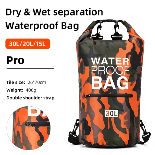 Mochila com bolsa seca à prova d'água de 30L e 15L com bolso de separação úmida para caiaque, passeios de barco, esportes ao ar livre XAZ9