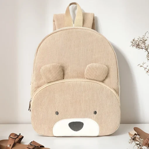 Mochila infantil em sarja bordada com desenho de urso fofo