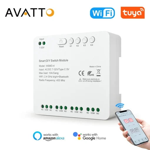 Módulo de interruptores relé de contato seco de 4 canais sem fio AVATTO tuya Smart Wi-Fi