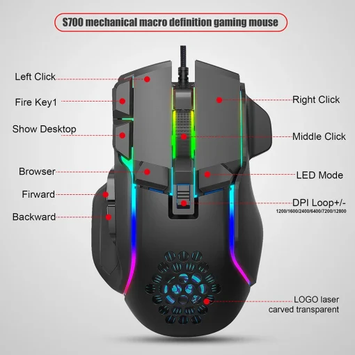 Mouse Gamer USB RGB 7200dpi 10 Botões Ergonômico