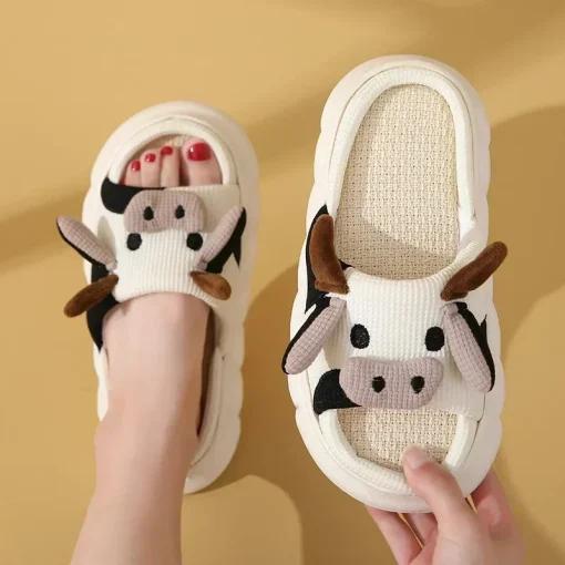 Pantufas de linho com desenho de vaca bonito 2024