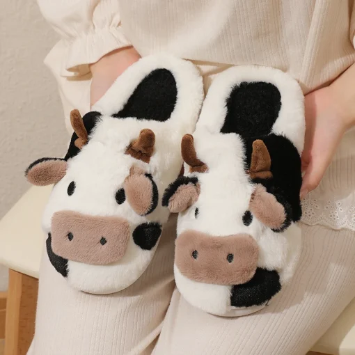 Pantufas de pelúcia quentes de vaca dos desenhos animados unissex de inverno novo