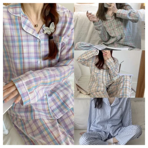 Pijama feminino outono e inverno manga longa doce roupa para casa duas peças cardigã reversível xadrez roupa para casa