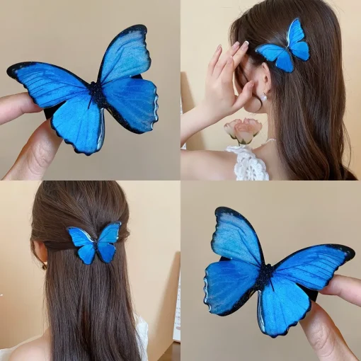 Presilhas de cabelo de pato brilhante de borboleta degradê azul escuro