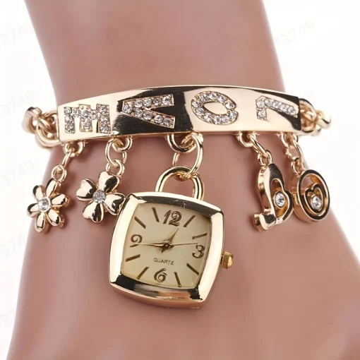 Pulseira de Relógio Carta de AMOR Feminina com Decoração de Flor da Moda Impressionante Barril Quartzo Relógio Elegante Casual