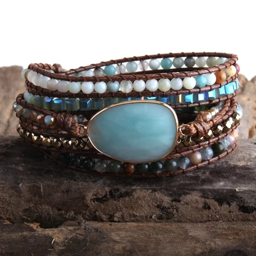 Pulseira do Boho de Moda com Miçangas Artesanal em Pedras Naturais e Cristal 5 Fios