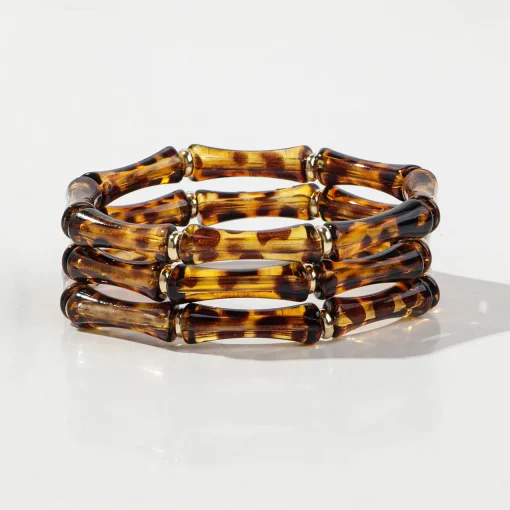 Pulseiras femininas elásticas 3 peças leopardo acrílico bambu