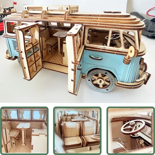 Retro Bus Campervan Europeu 3D Madeira Puzzle