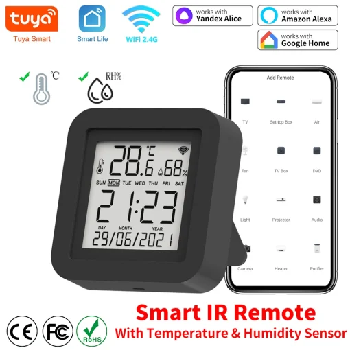 Sensor de temperatura e humidade remoto IR universal WiFi inteligente Tuya para ar condicionado, TV e AC, funciona com Alexa, Google Home e Yandex