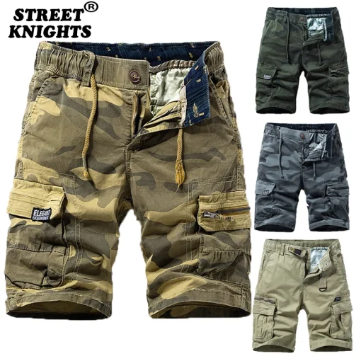 Shorts camuflados cargo de algodão masculino