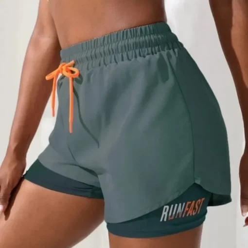 Shorts de ioga de cintura alta feminino com controle de proximidade elástico, calças de duas peças falsas