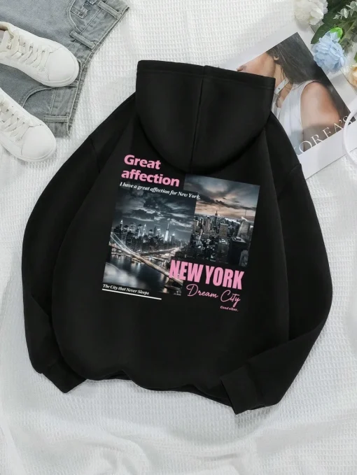 Suéteres estampados com capuz New York City of Dreams masculinos e femininos