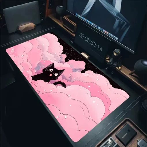 Tapete de mouse estendido com travamento de borda e teclado de entrega rápida de nuvens de gato preto kawaii rosa roxo tapete de proteção de mesa de escritório XXL