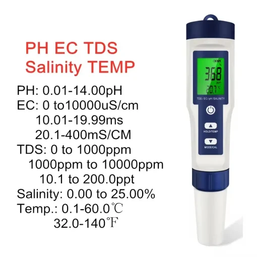 Testador PH digital à prova d'água com função de calibração automática 5 em 1 PH Temp TDS EC Salinidade