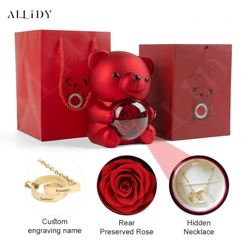 Urso de Pelúcia Vermelho e Rosa Eterna com Colar Personalizado de Aço Inoxidável