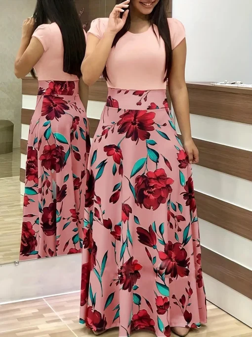 Vestido curto com estampa floral em cores combinadas estilo Europeu e Americano e saia ampla para mulheres 2024